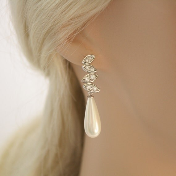 Pearl Jewelry Pearl Bridal Earrings Cubic Zirconia Post Silver Pearl Earrings Long Shell White Pearls Wedding Jewelry
