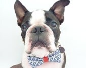 Vintage Valentine Bow Tie / The "BubbaBow" Tie for Happy Pets-Vintage Fabric Blue and White Hearts with Leather Accent / Made to Order