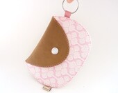 Cotton Candy Leather Wallet  Pouch / Brown Leather with Vintage Fabric in Pink and White / Ready to Ship