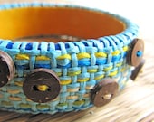 Embroidery Bracelet - Embroidered jewelry - Jute jewelry -  Jute, Spring, Summer, fresh, bright, Aqua blue, Bright yellow, Brown, Burlap