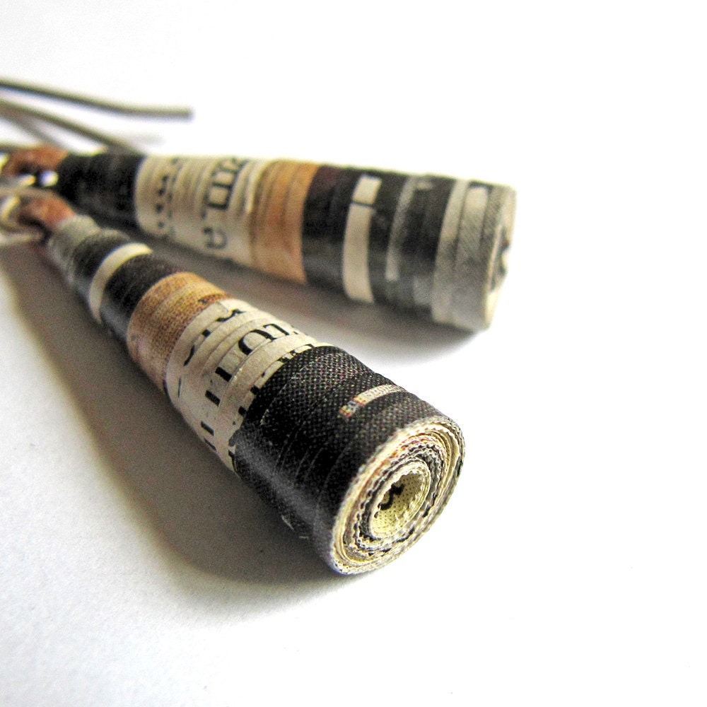 Newspaper Bead Earrings - First anniversary gift - Recycled jewelry - Recycled, newspaper, paper, black, white, brown, print, upcycled