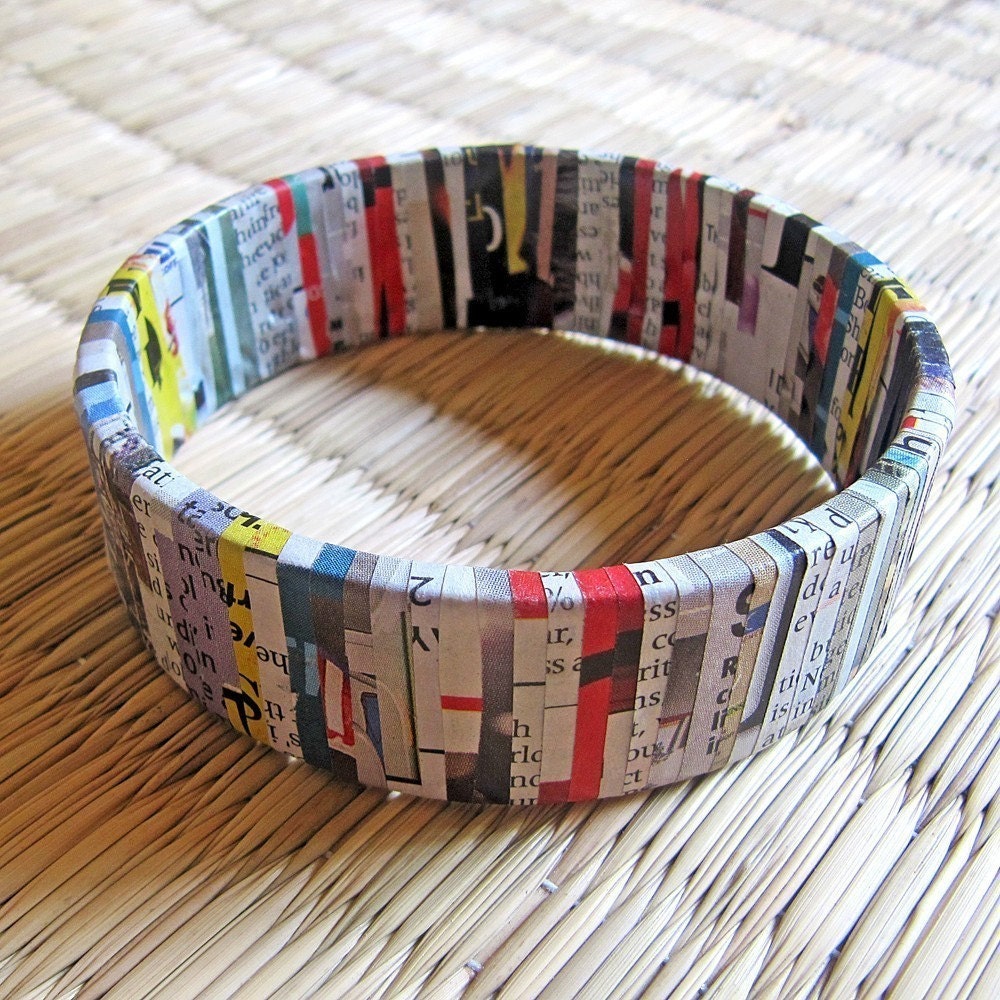 Recycled newspaper bracelet - Recycled jewelry - First anniversary gift - Eco friendly jewelry - Eco friendly, Colorful, Black, White, Red