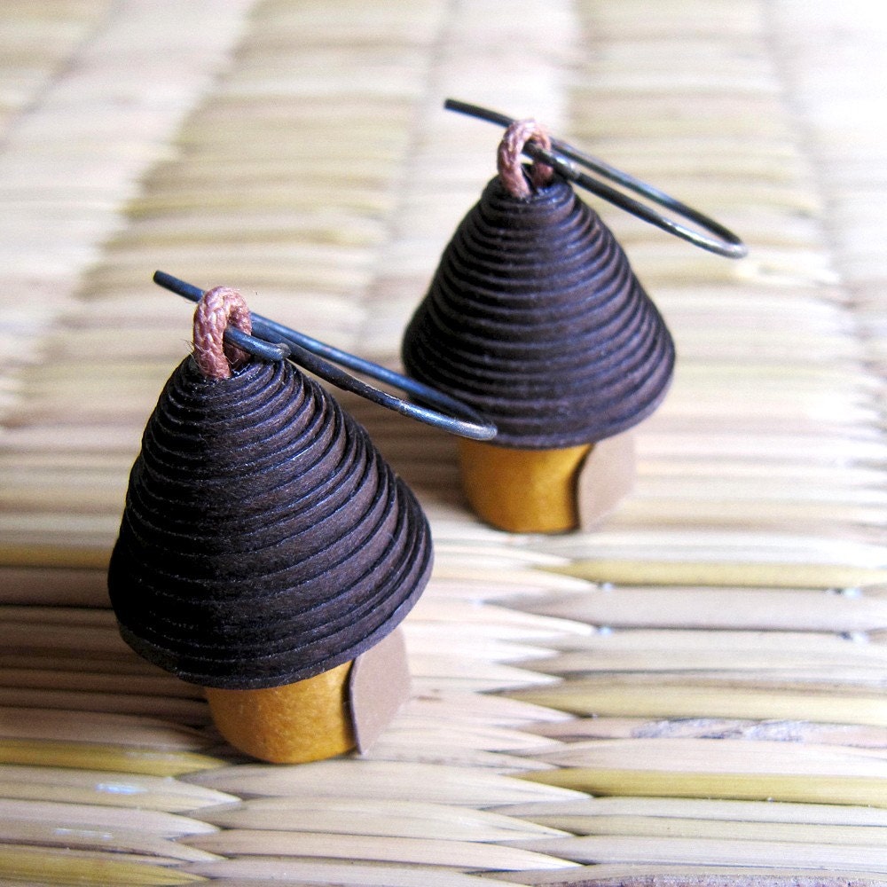 Cottage Earrings - Unique jewelry - Miniature jewelry - Paper Bead Earrings - Unique, Miniature, Cottage, Paper bead, Brown, Yellow, Gold