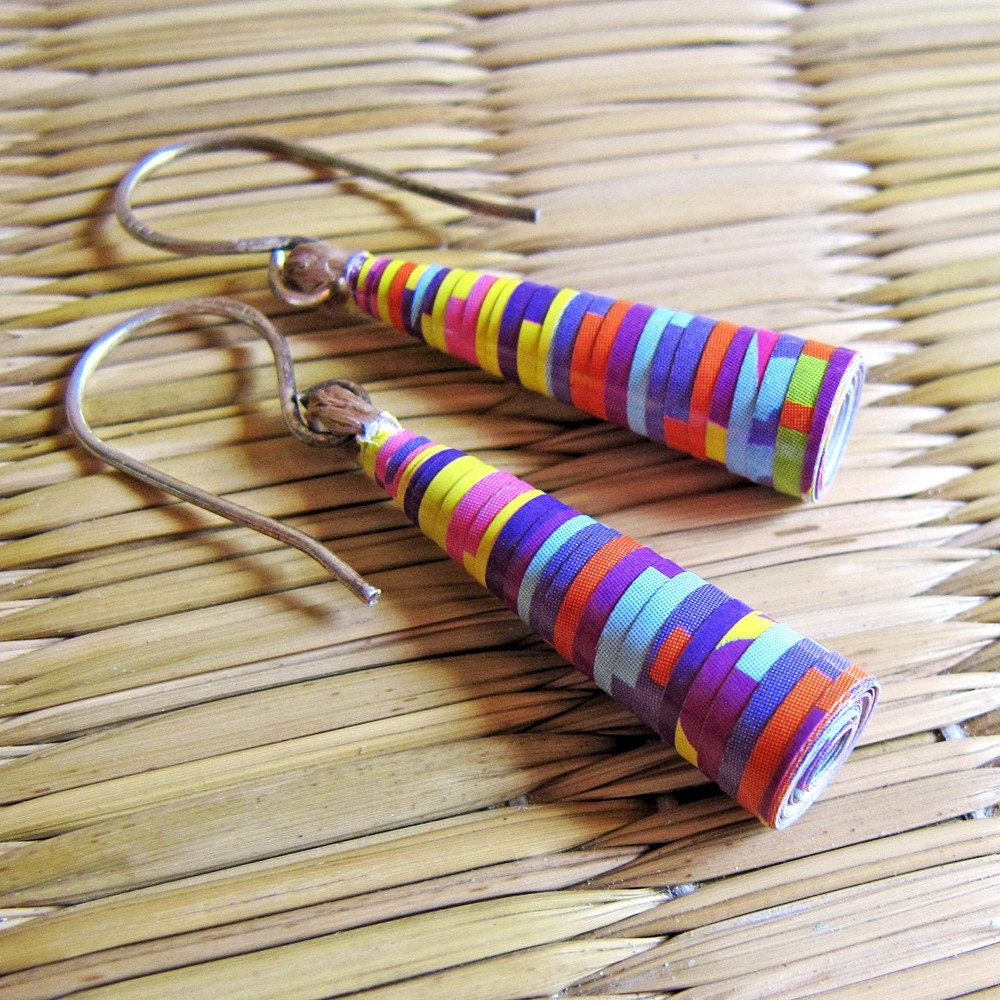 Paper Bead Earrings - 1st year anniversary gift - Spring jewelry - Small earrings - Spring, small, stripes, Coral pink, Yellow, Blue