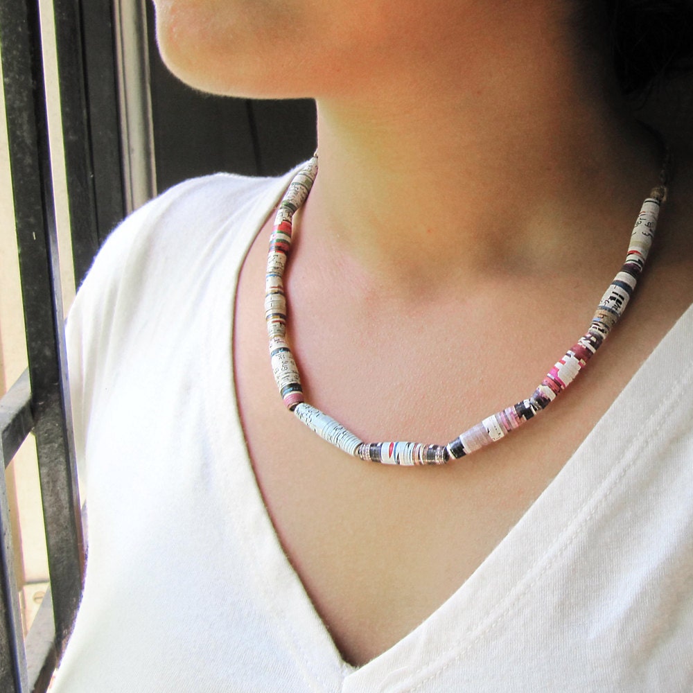 Recycled paper jewelry - Recycled jewelry - Paper jewelry - First year anniversary gift - Newspaper bead necklace - Newspaper, Black, white