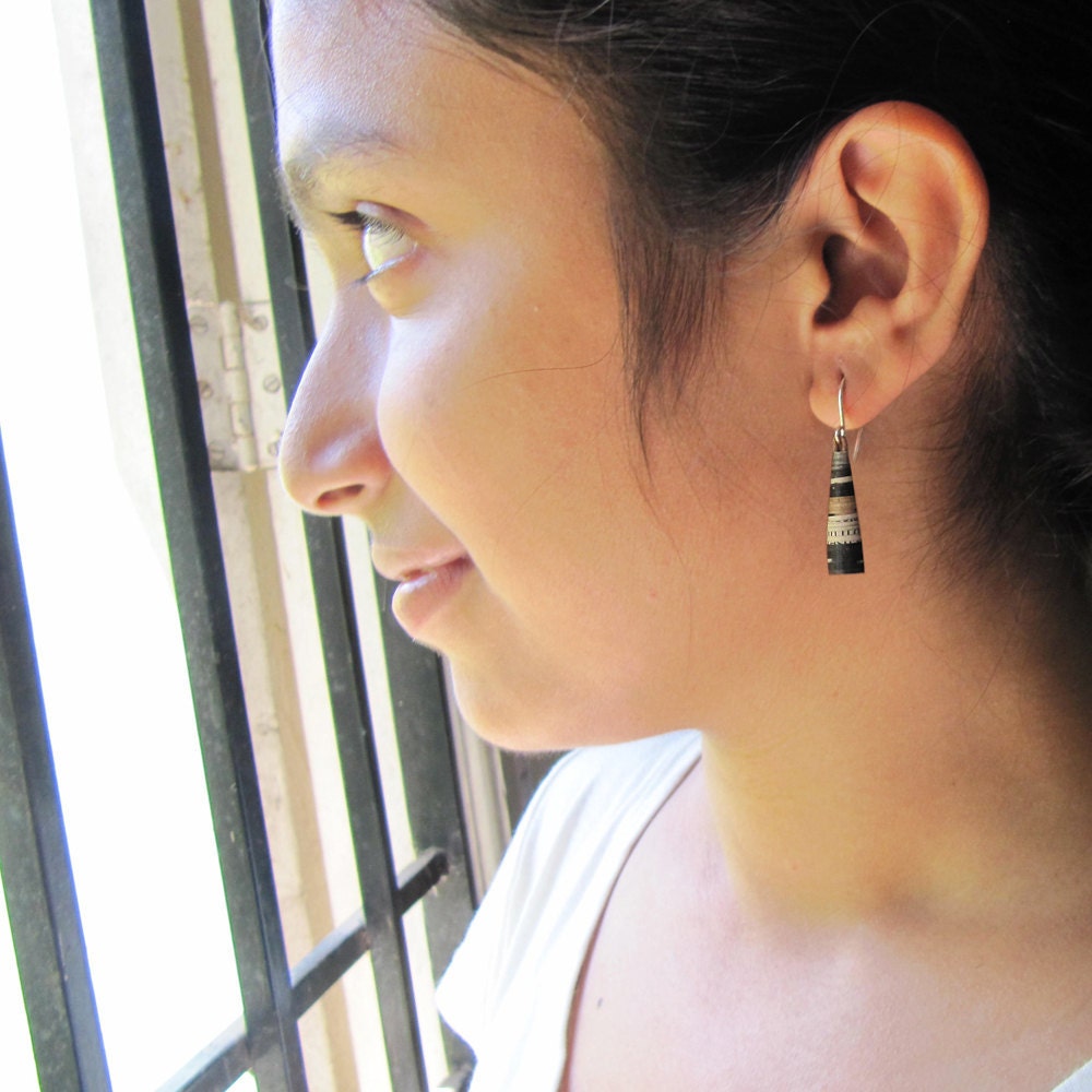 Newspaper Bead Earrings - First anniversary gift - Recycled jewelry - Recycled, newspaper, paper, black, white, brown, print, upcycled