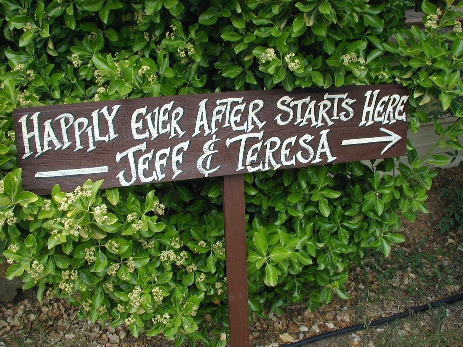 Personalized Your Name on Wood Wedding Sign on Stake Happily Ever After Starts Here Directional Arrow