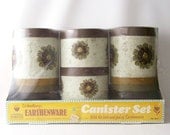 vintage kitchen canister set tins storage mid century modern retro earthenware kitchenware housewares brown flowers stripes