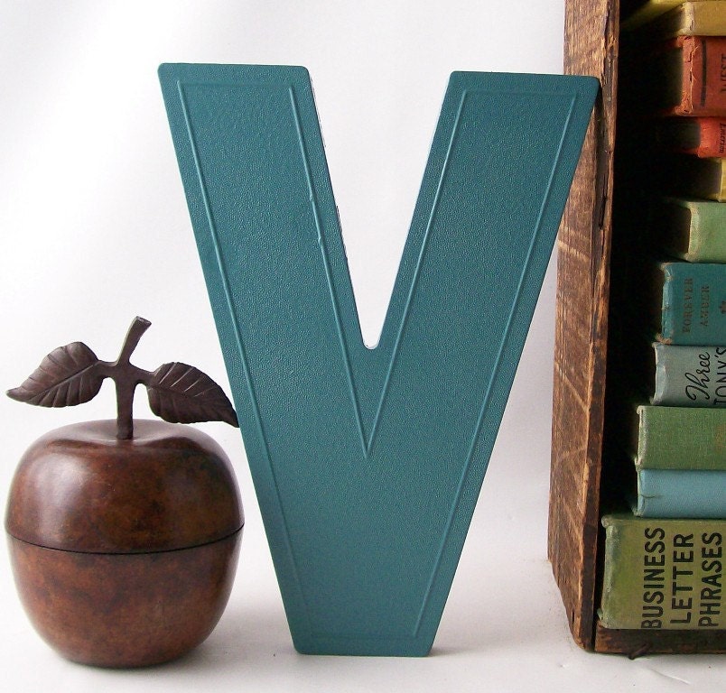 letter V upcycled vintage marquee sign retro wall hanging home decor teal blue peacock initial industrial modern business store - RecycleBuyVintage