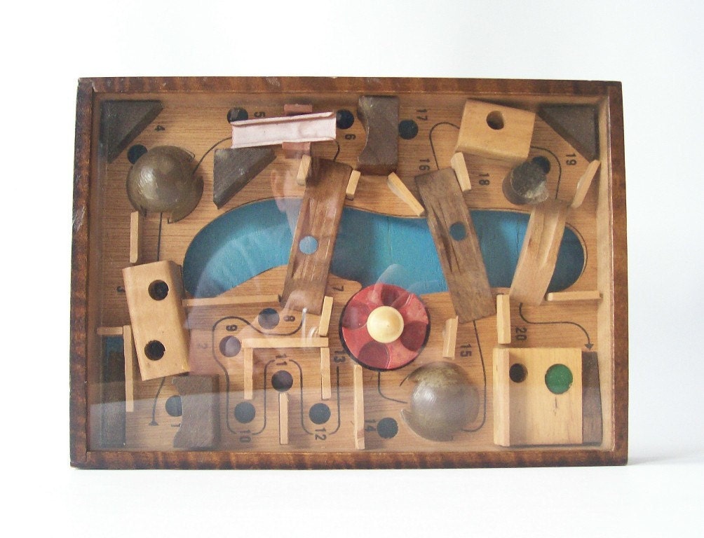vintage labyrinth maze skill challenge smart toy brain game test educational object art conversation piece home decor wood box