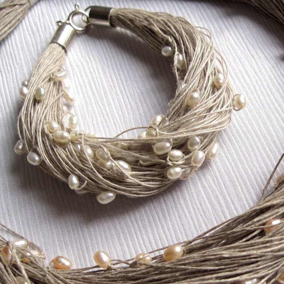 Pearl Bracelet Linen Wedding Jewelry Bracelet White Summer Bride Eco Friendly Fashion Cottage Chic
