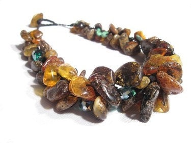 Dark Raw Amber Necklace - Natural Earthy Rustic Jewelry - Brown Yellow Honey Green - Organic Beach Summer Fashion