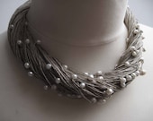 Multi Strand Pearl Necklace Linen Statement Wedding Necklace White Gray Natural - DreamsFactory
