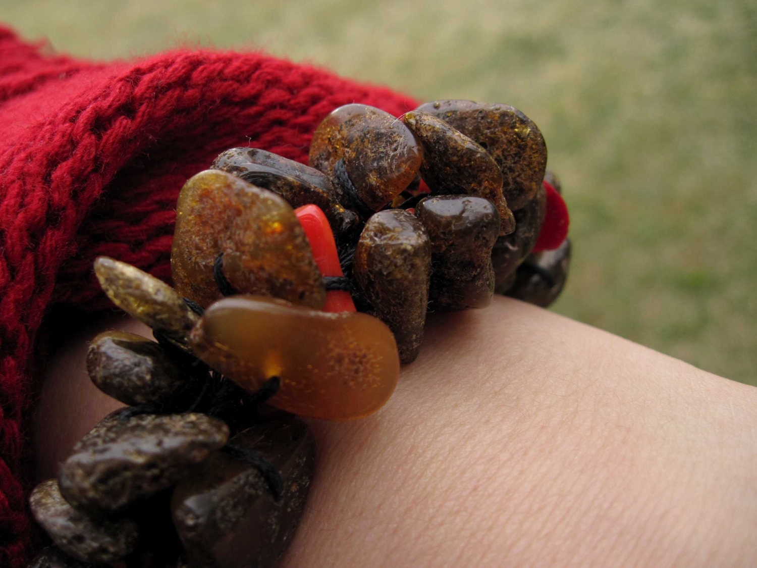 Rough Stone Bracelet Dark Baltic Amber Red Coral Bracelet Earthy Colors Orange Black Summer Fashion Jewelry