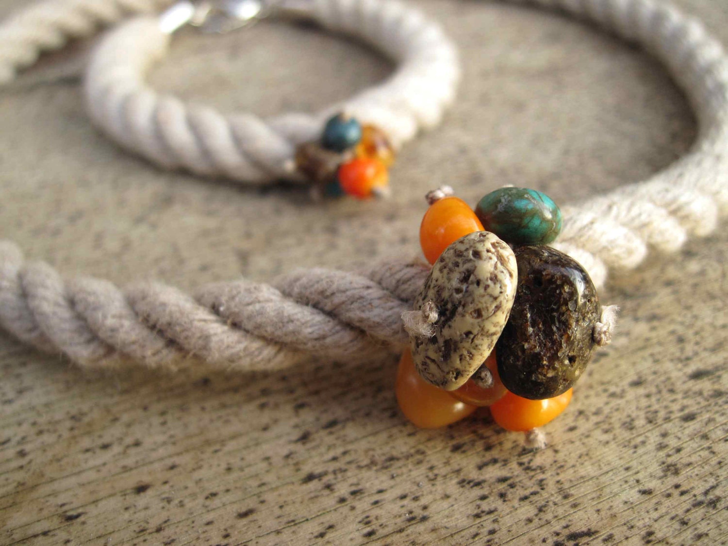 Sailing Rope Jewelry Summer Fashion Choker Necklace Bracelet Set Raw Stone Amber Turquoise Coral Orange Teal Earthy Nautical Cluster Pendant