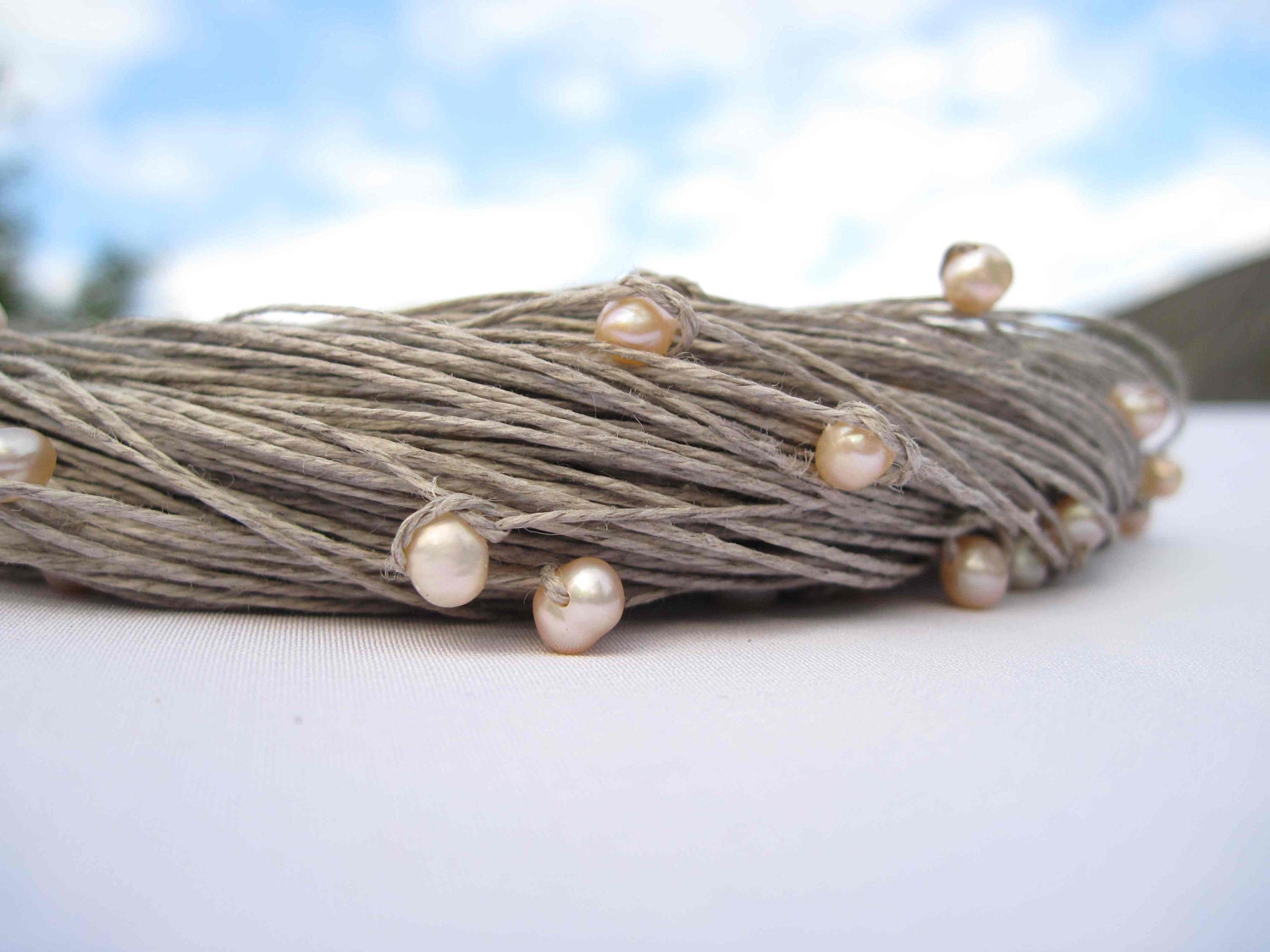 Pearl Wedding Necklace Natural Linen Jewelry Mother's Day Gift Cream Rose Peachy Beige Gray Multistrand Summer Bridal Fashion