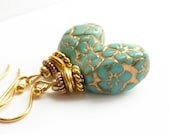 Turquoise Drop Earrings, Gold Inlay, Czech Glass Dangle Earrings, Turquoise & Gold Drops, Handmade Jewelry