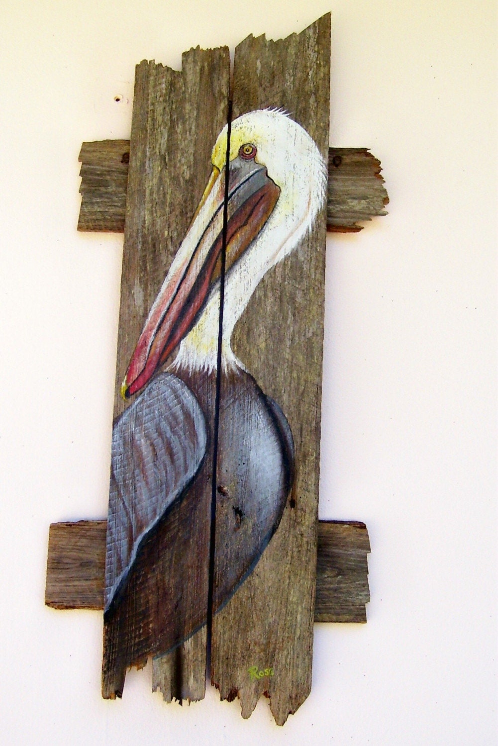 Pelican Hand Painted on Reclaimed Fence Boards (Custom Order Only) - roseartworks