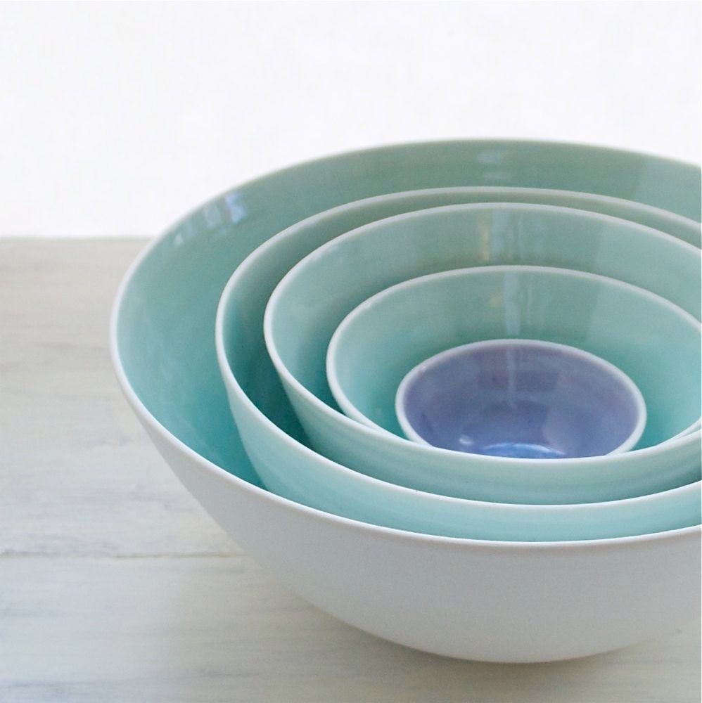 Extra Large Nesting Bowls in Aqua and Lavender Five Piece Porcelain Set