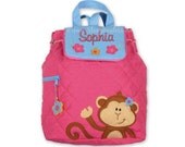 SHIPS SAME DAY-- Monkey Quilted Back Pack or Diaper Bag in Pink and Teal - Includes Free Personalization