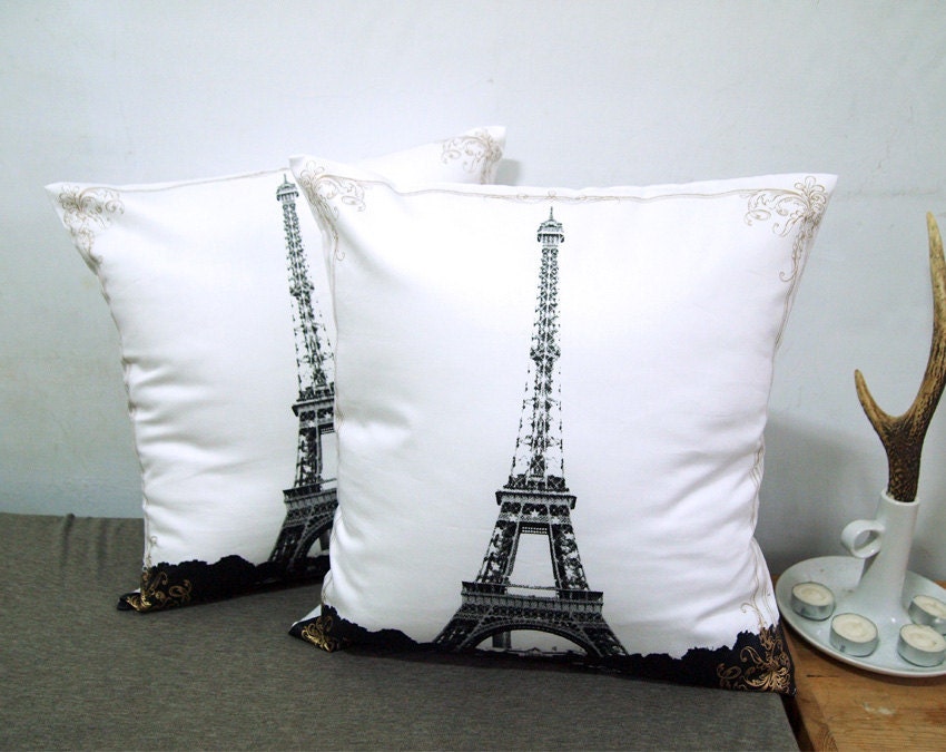 Set of two-Eiffel Tower With Lace Pillow Cover-black and gold-16"(40cm)