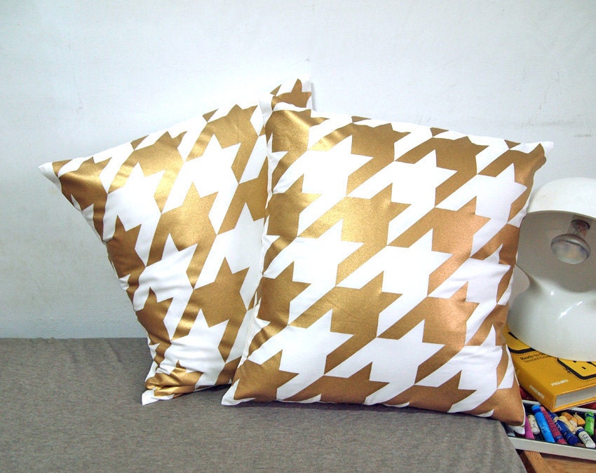 set of two -Houndstooth Pillow Cover-Gold printed in white cotton-16"(40CM)