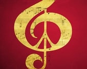 Music and Peace Art,  Sheet Music, Hollywood, Notes, Retro, Treble Clef, Jazz, Red, Black, Gold, Amber, Mustard, Yellow, Rock, Jazz, Pop