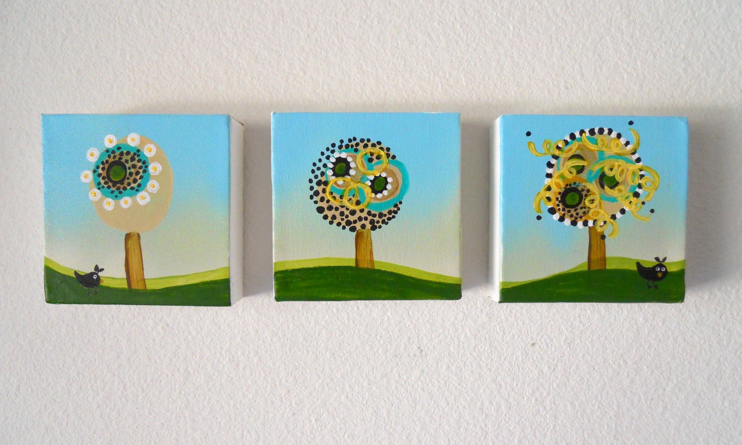 Summer Trees Three Original Paintings Nature Whimsical Woodland Landscape Kids Baby Sky Blue Birds Green Hills Flowers Nursery Decor