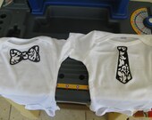 Black and White Damask Tie or Bow Tie Onesie