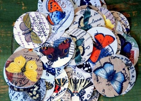 50 Eco Friendly Stickers: Butterfly stickers, butterflies on vintage ephemera, butterfly envelope seals, 1 1/2 inch, 1.5" (3.8cm) circles