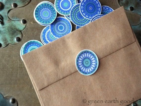 50 Eco Friendly Stickers: Blue Mandala stickers, mandala envelope seals, blue stickers, recycled stickers, 1 1/2 inch, 1.5" (3.8cm) circles