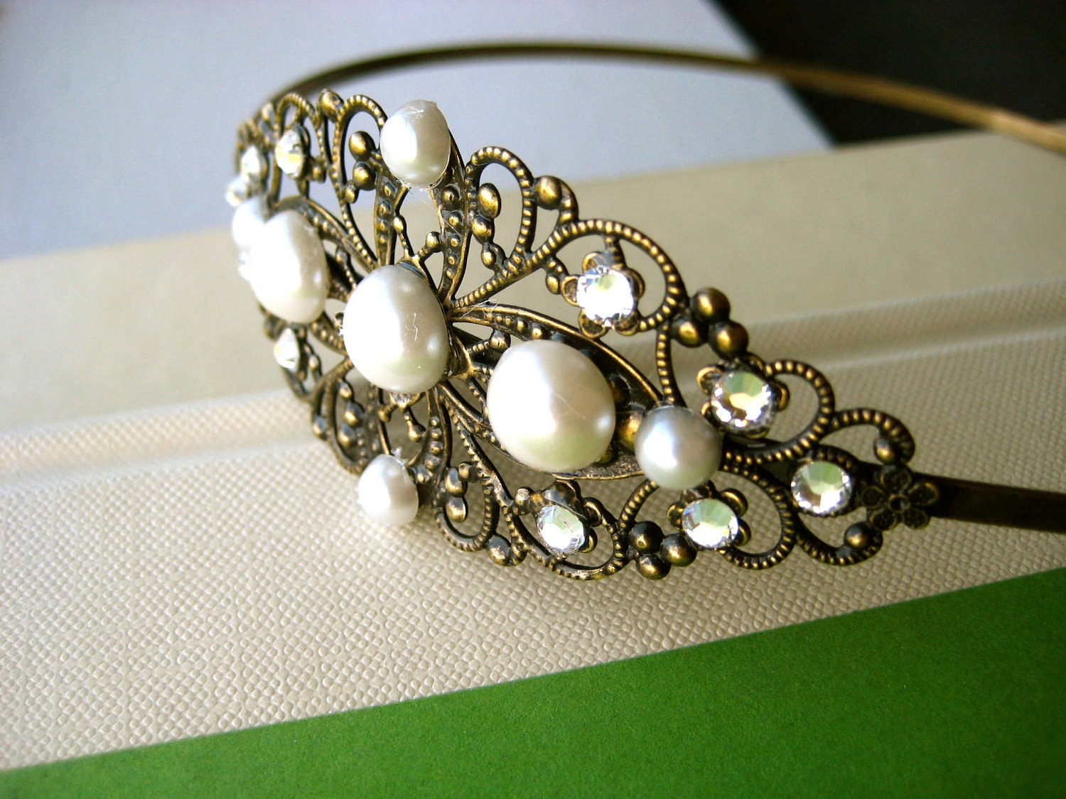 Bridal Headband - vintage inspired, pearl, rhinestone, filigree, antique brass