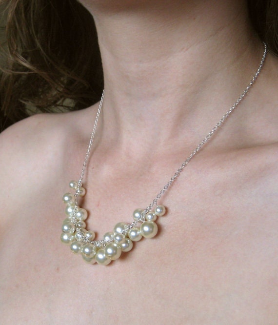 Pearl Cluster Necklace - bridal, wedding, bridesmaid gift, ivory, white, antique brass, non-traditional