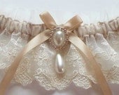 Wedding Garter in Ivory Lace on Champagne Band with Pearl and Crystal Detail - The MEREDITH Garter