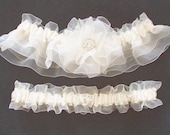 Ivory Garter Set with Hand Rolled Chiffon Flower and Swarovski Crystal Centering - The WHITNEY Garter Set