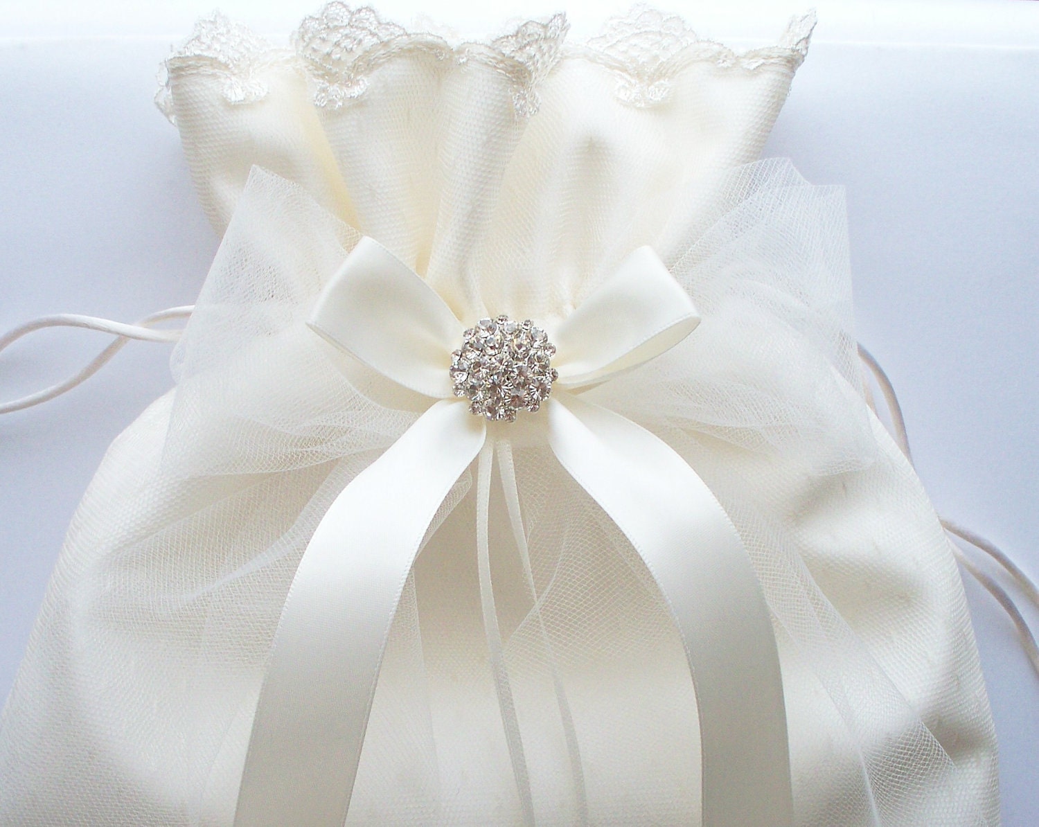 Wedding Ivory Money Bag, Bridal Dance Bag with Point d' Esprit Overlay and Net Lace Trim, Tulle and Satin Bows with Crystal - The ALISON