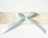 Wedding Toss Garter, Ivory Stretch Lace, Blue Bow