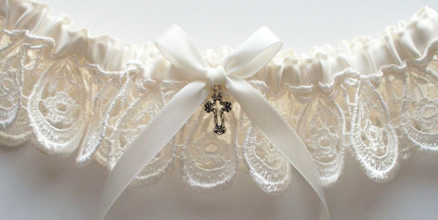 Wedding Garter with Ivory Satin Ribbon Bow and Cross Charm - Other Charms Available