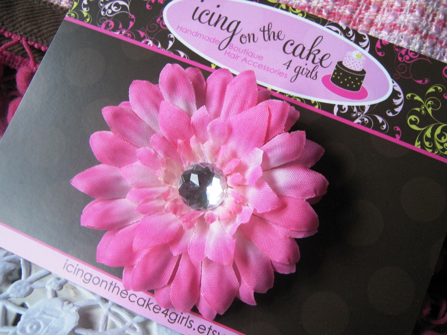 Small Pink Floral No-Slip Clip with Crystal Center...Perfect for Everyday wear or as a Photo Prop...Ready to Ship