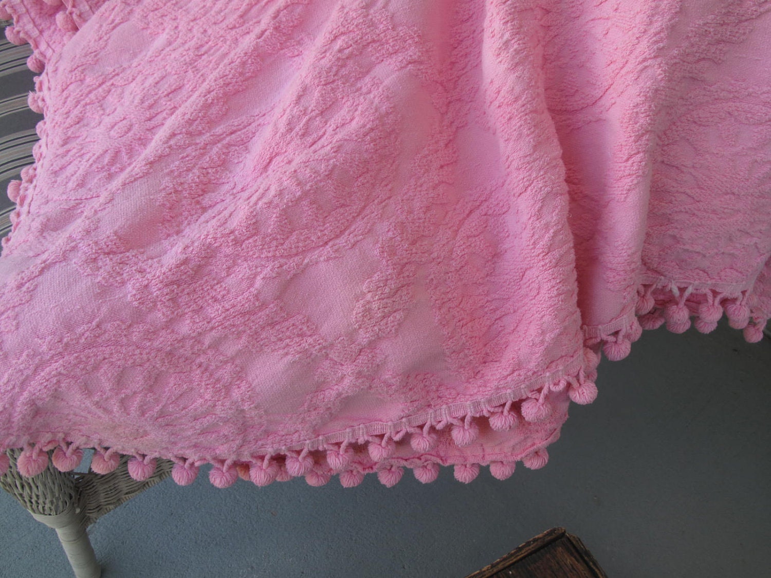 Pink Cotton Short Chenille Full Size Bedspread with Ball Fringe