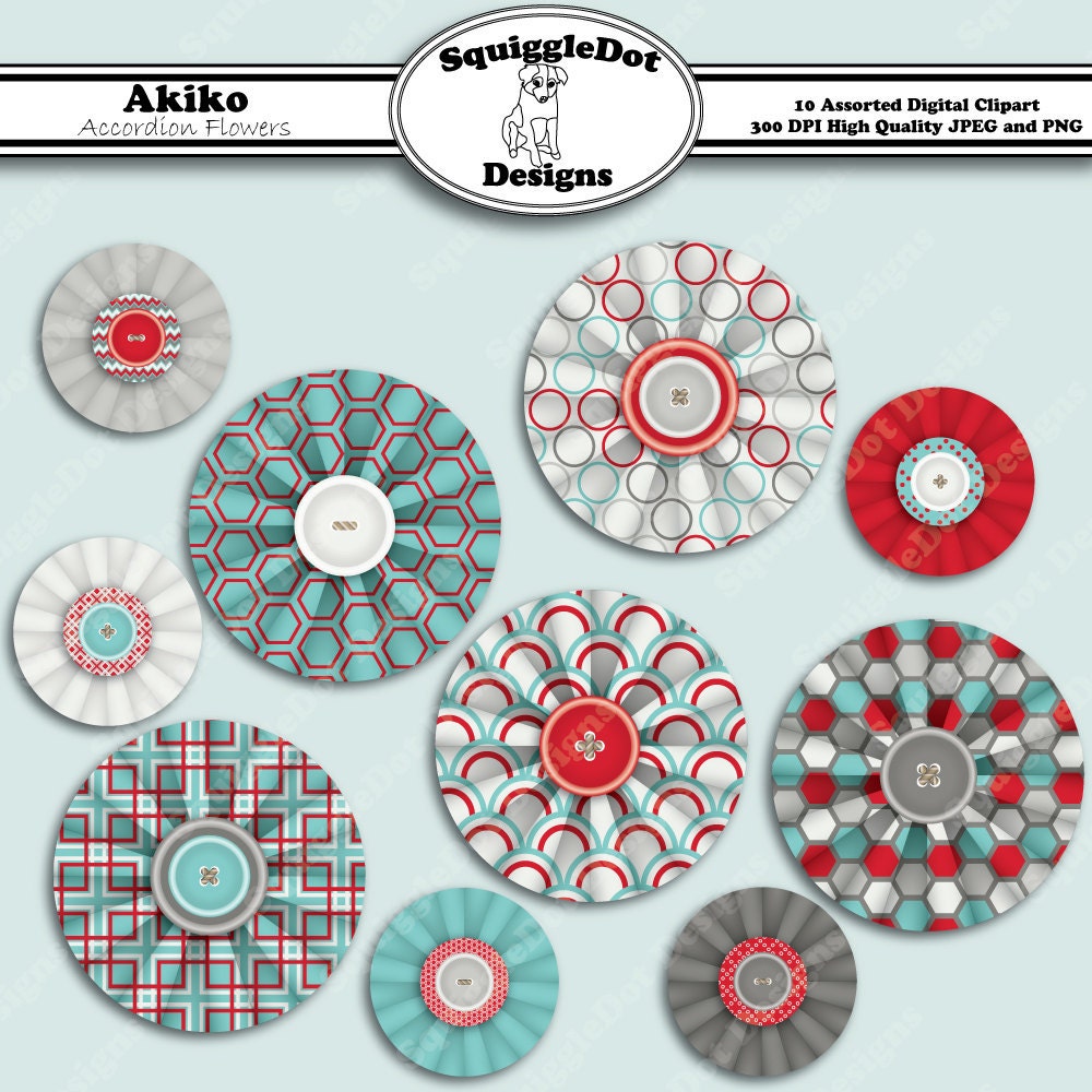 Digital Printable Clip Art Scrapbooking Embellishments for Cards, Crafts, Scrapbooks Set of 10 - Akiko Accordion Flowers - Instant Download