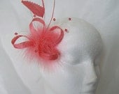 Coral Watermelon and Silver Feather & Swarovski Crystal Bead Mini Fascinator Wedding Hair Comb - Custom Made to Order