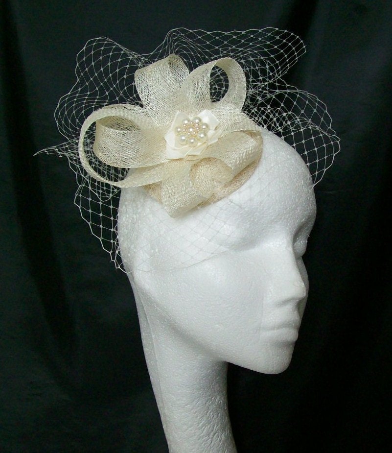 Ivory Cream Veil Sinamay Loop & Pearl Bridal Wedding Fascinator Mini Hat - Custom Made to Order