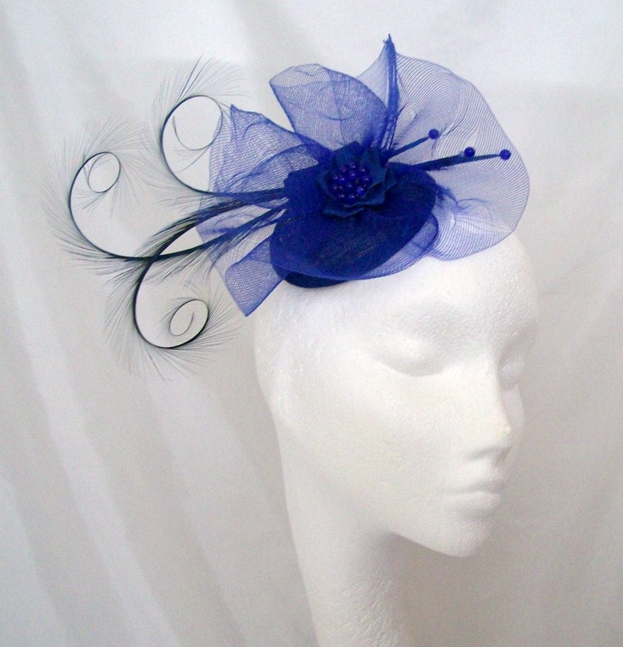 Royal Blue Cobalt Pheasant Curl Feather Crinoline & Beaded Wedding Fascinator Mini Hat - Custom Made to Order