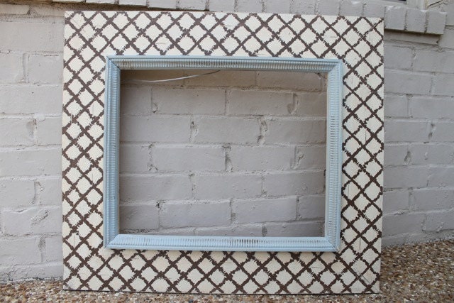 16x20 Open Back Distressed Picture Frame Cream Squares on Chocolate with Rain Etched Trim