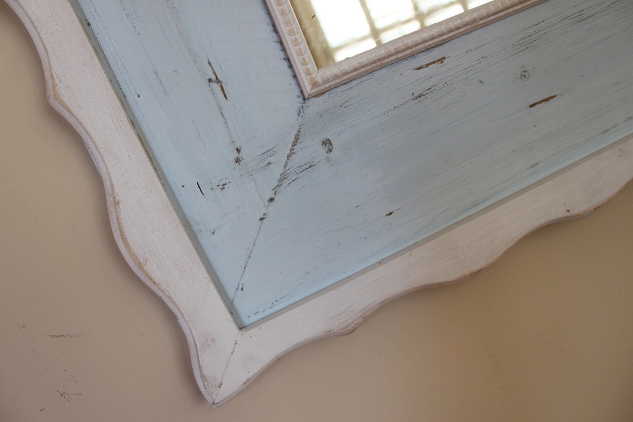 Distressed Mirror 20x24 Frame Wood, Hand painted Pink w/ White wavy trim, Girls Room or Nursery