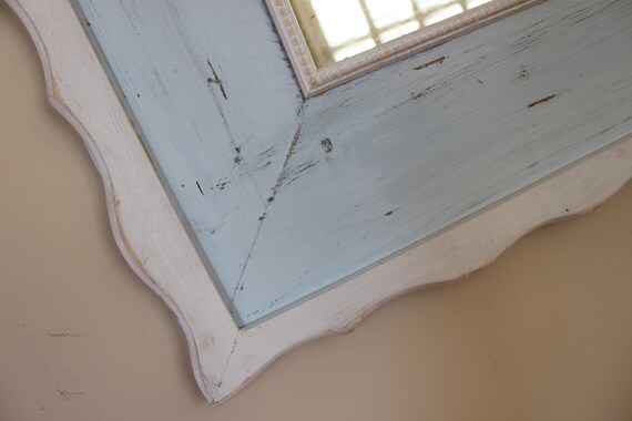 Distressed Mirror 20x24 Frame Wood, Hand painted Pink w/ White wavy trim, Girls Room or Nursery