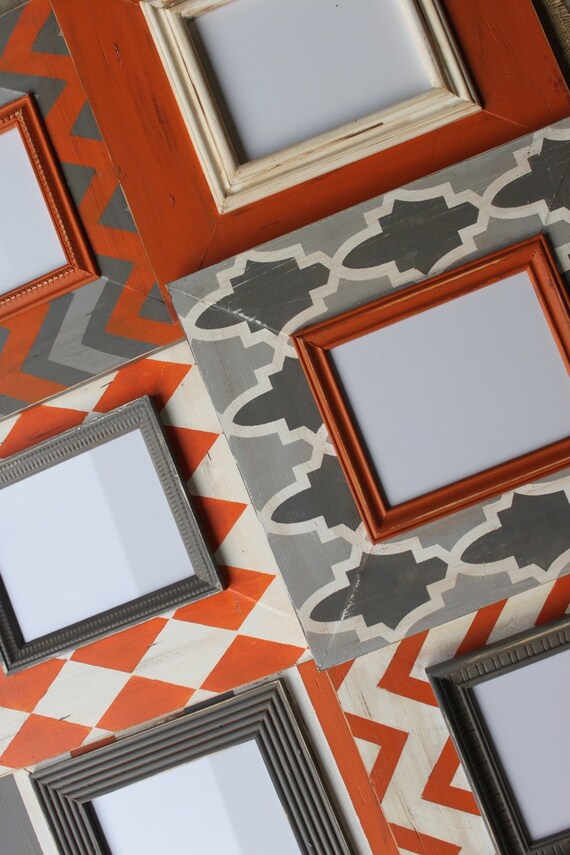 Set of 6 Distressed M O D Picture Frames in Orange and Man Cave, Chevron,Argyle,Trellis,Solid,Stripe,Multi Chevron Zig Zag