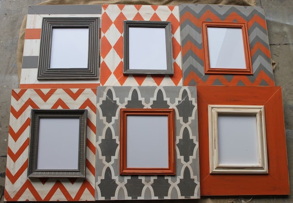 Set of 6 Distressed M O D Picture Frames in Orange and Man Cave, Chevron,Argyle,Trellis,Solid,Stripe,Multi Chevron Zig Zag