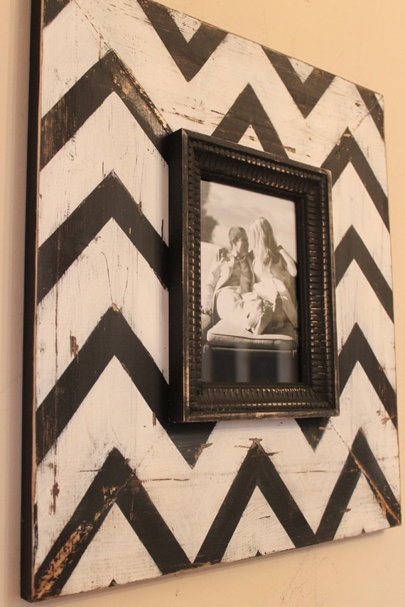 Mod Chevron Distressed Wood Picture Frame Black and White, To be featured on The Nate Berkus Show in May